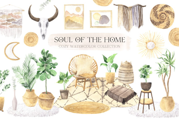 Download Watercolor Boho Home Interior Clipart - Watercolor Collection