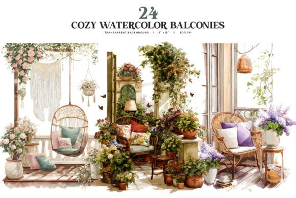 Download Cozy Watercolor Balcony PNG Collection - Watercolor Collection