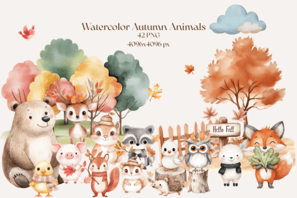 Download Watercolor Autumn Animal PNG, Cute Fall - Watercolor Collection