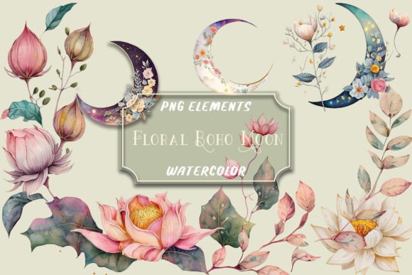 Download Watercolor Floral Boho Moon Clip Art Png - Watercolor Collection