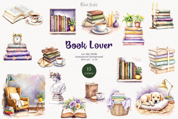 Download Watercolor Book Lover Elements, Bookworm - Watercolor Collection