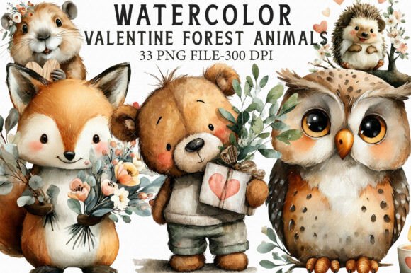 Download Watercolor Valentine Forest Animals Png - Watercolor Collection
