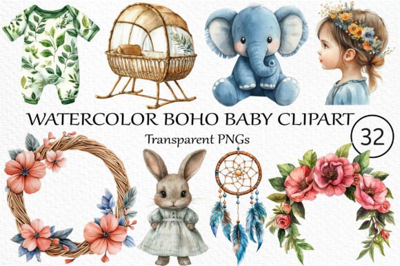 Download Watercolor Boho Baby Clipart Bundle - Watercolor Collection
