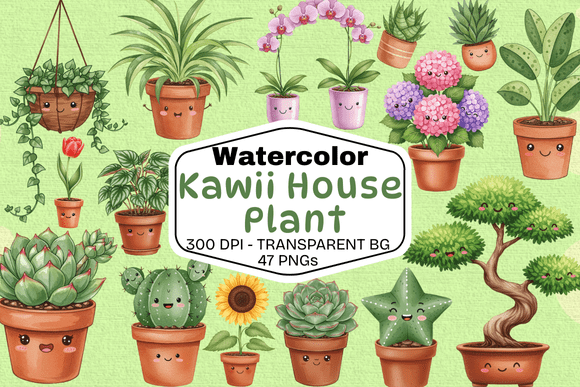Download Watercolor Kawaii House Plant Set - Watercolor Collection
