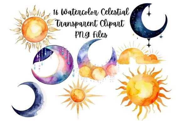 Download 16 Watercolor Solar and Lunar Clipart - Watercolor Collection