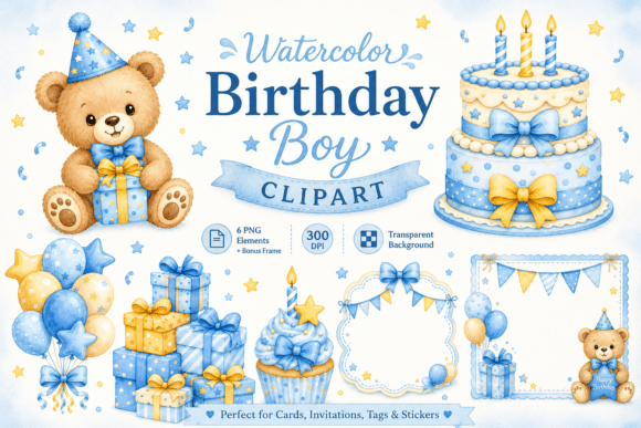 Download Watercolor Birthday Boy Card Elements - Watercolor Collection