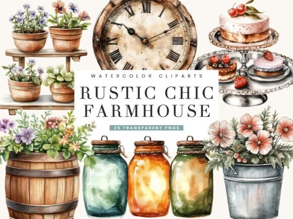 Download Watercolor Rustic Chic Farmhouse Clipart - Watercolor Collection
