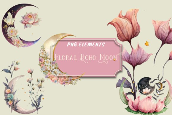 Download Watercolor Floral Boho Moon Clip Art Png - Watercolor Collection